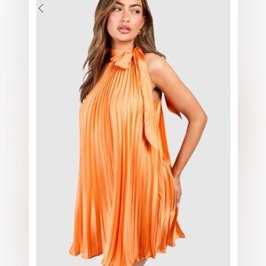Satin Pleated Halter Mini Dress - Orange
